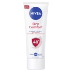 Un tube de 75 ml de Nivea Crème Déodorante Anti Transpirante Dry Comfort est présenté, offrant une « Protection Derma Active 48h » sans alcool ni aluminium, pour une protection douce contre la sécheresse. Dakar