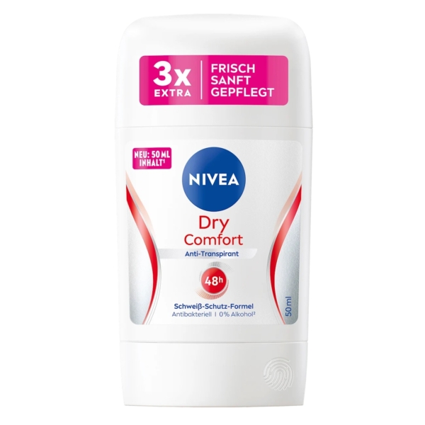 L'image présente un Déodorant Anti-Transpirant 48H Deostick Dry Comfort de Nivea (50 ml) blanc avec des touches de rouge et de bleu. L'étiquette, en allemand, vante une protection 48 heures, des propriétés antibactériennes et une fraîcheur trois fois supérieure avec la mention « Frisch Sanft Gepflegt ». Dakar