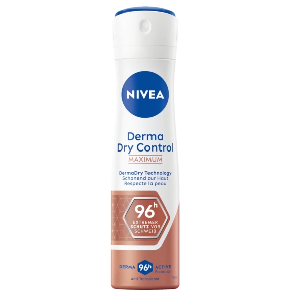 Le Déodorant Spray Anti-Transpirant Derma Dry Control Maximum 150 ml de Nivea, avec un bouchon bleu et un design cuivré, offre 96 heures de protection extrême grâce à la technologie DermaDry. Dakar