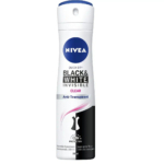 Une bombe de déodorant antitranspirant Nivea Quick Dry Black & White Invisible Clear. Son design présente un fond blanc avec du texte noir et la silhouette d'une robe noire et blanche. Offre une protection de 48 heures. Dakar