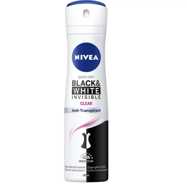 Une bombe de déodorant antitranspirant Nivea Quick Dry Black & White Invisible Clear. Son design présente un fond blanc avec du texte noir et la silhouette d'une robe noire et blanche. Offre une protection de 48 heures. Dakar