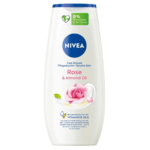 Un flacon de gel douche Nivea Care, à l'huile de rose et d'amande. L'étiquette mentionne « 0 % Microplastik » et « Vitamines et huiles » pour une protection optimale de la peau. L'emballage arbore un motif de rose et d'huile. Dakar