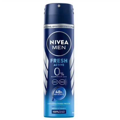 Une boîte bleue de déodorant Nivea Men Fresh Active est présentée. Il offre une protection 48 heures et ne contient aucun aluminium. L'emballage présente des inscriptions et des graphismes argentés et blancs. Dakar