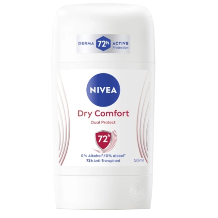 Un déodorant Nivea Déodorant Anti Transpirant Dry Comfort 48H blanc de 50 ml présente une étiquette bleue et rouge mettant en évidence « protection active 48H », « 0 % d'alcool » et « Dual Protect » sur le devant. Dakar