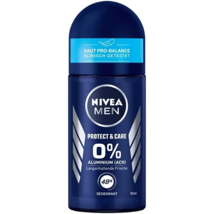Un flacon bleu de déodorant Nivea Men. L'étiquette indique « Protect & Care », « 0 % Aluminium (ACH) » et « 48 H ». Ce produit est conçu pour une fraîcheur longue durée et a été cliniquement testé pour son équilibre cutané. Le flacon est de 50 ml. Dakar