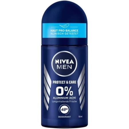 Un flacon bleu de déodorant Nivea Men. L'étiquette indique « Protect & Care », « 0 % Aluminium (ACH) » et « 48 H ». Ce produit est conçu pour une fraîcheur longue durée et a été cliniquement testé pour son équilibre cutané. Le flacon est de 50 ml. Dakar
