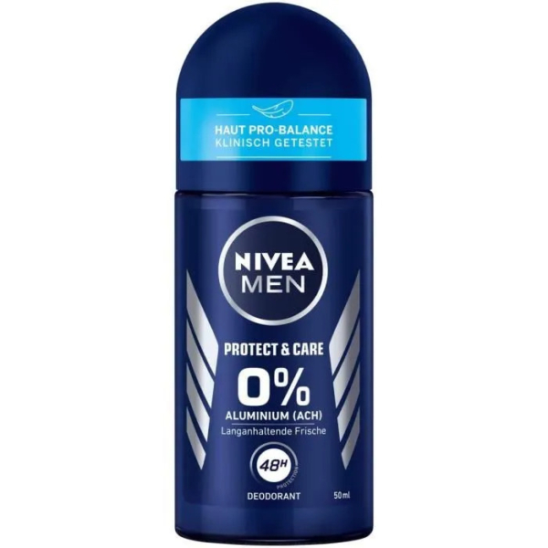 Un flacon bleu de déodorant Nivea Men. L'étiquette indique « Protect & Care », « 0 % Aluminium (ACH) » et « 48 H ». Ce produit est conçu pour une fraîcheur longue durée et a été cliniquement testé pour son équilibre cutané. Le flacon est de 50 ml. Dakar