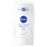 Un déodorant stick Nivea blanc avec inscription bleue. Il est accompagné des mentions « Fresh Natural », « 0 % Aluminium » et « Protection Active 48 h ». L'emballage arbore le logo Nivea, un motif de goutte d'eau et l'inscription « Infinifresh ». Contenance : 50 ml. Dakar