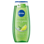 Un flacon vert de gel douche Nivea Citronnelle et Huile. Il est orné de motifs citron vert et citronnelle, avec de petites perles vertes visibles à travers l'emballage translucide. L'étiquette avant mentionne « 0 % microplastique » et « Vitamine E ». Dakar