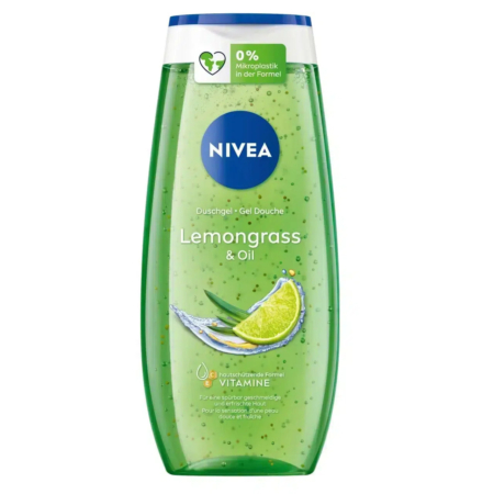 Un flacon vert de gel douche Nivea Citronnelle et Huile. Il est orné de motifs citron vert et citronnelle, avec de petites perles vertes visibles à travers l'emballage translucide. L'étiquette avant mentionne « 0 % microplastique » et « Vitamine E ». Dakar