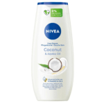 Un flacon de douche Nivea Care à l'huile de noix de coco et de jojoba. L'étiquette indique « 0 % de microplastique dans la formule » et mentionne une formule protectrice pour la peau, enrichie en vitamines et en huiles. Le design intègre un motif de noix de coco. Dakar