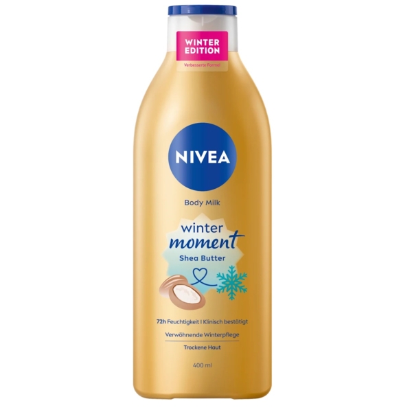 Cette édition limitée de 400 ml Nivea Lait Corporel Winter Moments Beurre de Karité présente un bouchon bleu, une étiquette dorée et un texte mettant en valeur « Winter Edition » et « 72h Feuchtigkeit », orné d'une icône de noix de coco et de flocon de neige. Dakar