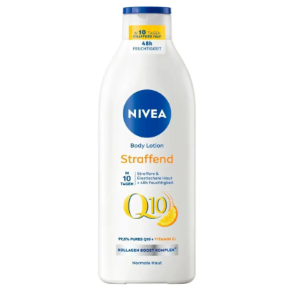 Un flacon de lait corporel Nivea marqué « Straffend » contenant du Q10 et de la vitamine C. L'étiquette met en avant un effet raffermissant en 10 jours et une hydratation pendant 48 heures. Le flacon est principalement blanc avec des touches de bleu et d'orange. Convient aux peaux normales. Dakar