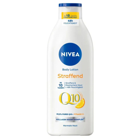 Un flacon de lait corporel Nivea marqué « Straffend » contenant du Q10 et de la vitamine C. L'étiquette met en avant un effet raffermissant en 10 jours et une hydratation pendant 48 heures. Le flacon est principalement blanc avec des touches de bleu et d'orange. Convient aux peaux normales. Dakar