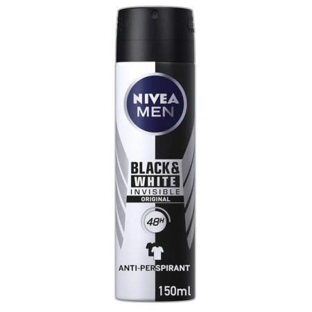Une bombe de 150 ml d'anti-transpirant Nivea Men Black & White Invisible Original. Son design noir et blanc est orné d'un texte indiquant une protection de 48 heures. Dakar