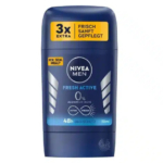 Déodorant stick Nivea Men Fresh Active bleu foncé d'une contenance de 50 ml. Il est orné d'un texte en allemand, mettant en valeur « 3x extra », « 48h deo-schutz » et « 0 % aluminium ». Son design est rehaussé de touches argentées et d'un symbole d'empreinte digitale en bas. Dakar