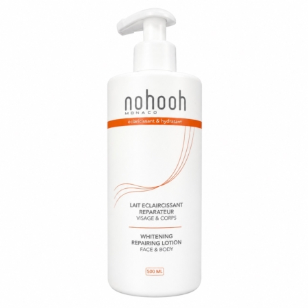 Le flacon pompe blanc de 500 ml de Nohooh Lait Eclaircissant Reparateur Visage et Corps présente des accents orange et un étiquetage français/anglais pour une utilisation sur le visage et le corps. Dakar