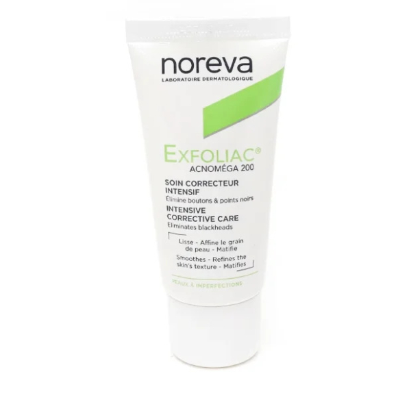 Un tube blanc du soin Noreva Exfoliac Acnomega 200. Son emballage met en avant ses propriétés correctrices intensives, promettant d'éliminer les points noirs, de lisser, d'affiner le grain de peau et de matifier. Dakar