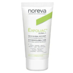 Un tube de soin Noreva Exfoliac Global 6 avec une étiquette blanche et verte. Le texte met en avant son soin global intensif pour éliminer les boutons et les points noirs, avec des bienfaits comme l'exfoliation, l'hydratation et des propriétés apaisantes. Dakar
