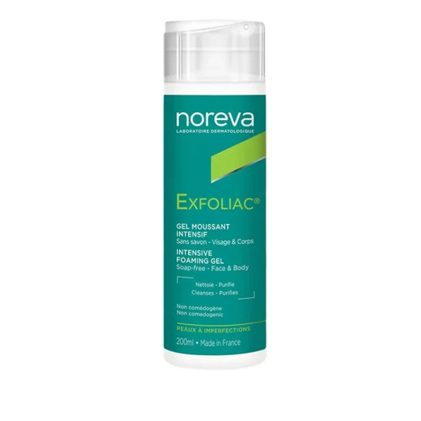 Voici un flacon de Gel Moussant Intensif Noreva Exfoliac. L'étiquette indique qu'il est sans savon et convient au visage et au corps. Le flacon est blanc avec des touches de vert et de bleu et contient 200 ml. Il est fabriqué en France. Dakar