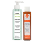 Deux produits de soin : un grand flacon de gel nettoyant visage de 200 ml teinté vert avec pompe étiqueté « Cleanactyl » et un tube de gommage exfoliant visage et corps de 200 ml étiqueté « Exfoclear » avec un contenu brun orangé. Dakar