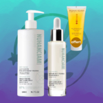 Image du Trio de Soins Anti Taches de Nuhanciam sur un fond dégradé bleu sarcelle et violet. De gauche à droite : Lait Corps Anti-Taches, Sérum Anti-Âge Puissance 4 et un gel douche gratuit de 50 ml étiqueté « OFFERT ». Dakar