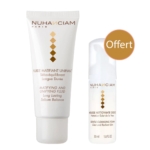 Deux produits de soin Nuhanciam, dont un tube de Fluide Matifiant et Unifiant et un flacon de Mousse Nettoyante Douce. Une étiquette circulaire « Offert » est apposée, indiquant une offre promotionnelle. Dakar