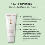 Image d'un tube de soin Nuhanciam étiqueté « Fluide Matifiant Unifiant », sur fond vert. Le texte à côté décrit les ingrédients : Alpha-Melight™, huile de noisette et extrait d'avocat, soulignant leurs bienfaits équilibrants. Dakar