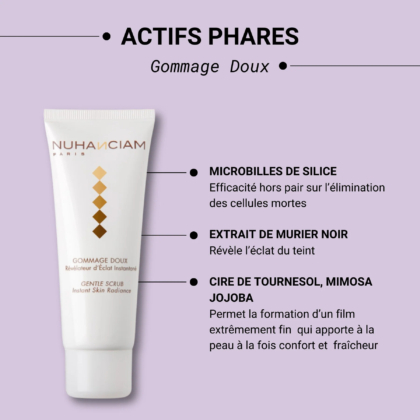 Un tube de Gommage Doux Nuhanciam Paris est présenté sur fond violet. Le texte met en valeur ses ingrédients : microbilles de silice, extrait de mûrier noir, cire de graines de tournesol et mimosa jojoba pour un teint éclatant, une peau hydratée et confortable. Dakar