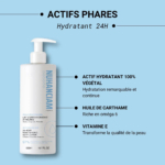 Fond bleu avec un flacon pompe blanc étiqueté « NUHANCIAM PARIS » à gauche. Textes : « ACTIF HYDRATANT 100 % VÉGÉTAL », « HUILE DE CARTHAME », « VITAMINE E », pour souligner l'hydratation et la qualité de la peau. « Hydratant 24 H » et « 97 % d'origine naturelle ». Dakar