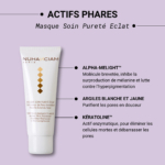 Image d'un tube de produit de soin étiqueté « NuhaVinciam Paris Masque Soin Pureté Éclat » avec les ingrédients clés répertoriés : Alpha-Melight, Argiles Blanche et Jaune et Kératoline. Chaque ingrédient est décrit pour ses bienfaits pour la peau. Dakar