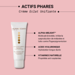 Tube de Crème Éclat Unifiante Nuhanciam sur fond rose. Le texte décrit les ingrédients clés : Alpha-Melight pour la régulation de la mélanine, acide hyaluronique pour l'hydratation et vitamine E naturelle pour ses propriétés antioxydantes. Dakar