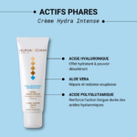Un tube de crème Hydra Intense de Nuhanciam Paris est présenté sur fond bleu. Le texte français met en avant les ingrédients clés : l'acide hyaluronique, l'aloe vera et l'acide polyglutamique, soulignant leurs effets hydratants, apaisants et longue durée. Dakar