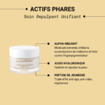 Image d'une publicité pour un produit cosmétique « Soin Repulpant Unifiant ». Elle présente les ingrédients clés : Alpha-Melight pour l'hyperpigmentation, Acide Hyaluronique pour l'hydratation et Peptide de Jeunesse pour les effets anti-âge. Un pot de produit est présenté. Dakar