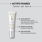 Un produit crème contour des yeux anti-taches de Nuhanciam avec des caractéristiques clés : Alpha-Melight™ pour inhiber la mélanine, extrait de Shitaké pour éclaircir les cernes et cire de blé noir pour réduire les poches de graisse. Dakar