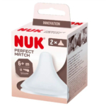 Emballage des tétines de biberon en silicone NUK Perfect Match pour bébés de 6 mois et plus. La boîte porte la mention « 2x », indiquant la présence de deux tétines, ainsi que les détails du produit et une photo de la tétine. Dakar