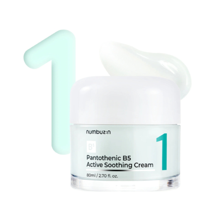 Un pot de crème apaisante active Numbuzin Pantothenic B5 avec un couvercle blanc, étiqueté « 1 ». La crème est d'un blanc crémeux et apparaît en petite quantité au-dessus du pot. Le contenant est de 80 ml. Dakar