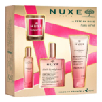 Le coffret cadeau Nuxe « La Fête en Rose » sur le thème « Happy in Pink » comprend quatre produits : une bougie, une huile, un parfum et un gel douche. Son emballage doré aux touches de rose met en valeur une présentation luxueuse. Fabriqué en France, formule vegan. Dakar