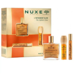 Coffret de produits Nuxe Paris « L'infiniment Glow », comprenant une huile corporelle scintillante, un baume à lèvres doré et un roll-on parfumé. L'emballage met en valeur un élégant thème doré. Dakar