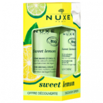 Emballage de l'Offre Découverte Nuxe Citron Doux, comprenant une crème mains et ongles et un stick à lèvres hydratant, le tout entouré d'illustrations de citron. Le design met en valeur l'utilisation d'ingrédients biologiques et un parfum citronné rafraîchissant. Dakar