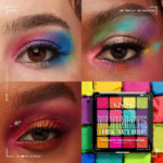 Gros plan sur des fards à paupières colorés posés sur trois yeux différents. Les yeux arborent des nuances vibrantes de bleu, de rose et de vert. Texte : « Retouche maquillage interdite ». En bas à droite, une palette de fards à paupières NYX Ultimate aux couleurs vives. Dakar