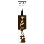 Une boîte blanche de crayon à sourcils Epic Ink de NYX Professional Makeup, ornée d'un motif d'encre tourbillonnant au fond. Les mots « Epic Ink Liner » et « Waterproof » sont bien visibles. L'image inclut une illustration de la pointe du crayon. Dakar