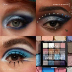 Un collage présente des gros plans d'yeux maquillés en bleu et ornés de strass. En bas à droite, la palette de fards à paupières NYX Ultimate Vintage Jean Baby, déclinée en différentes teintes, est présentée. Texte : « Retouches maquillage interdites. ». Dakar