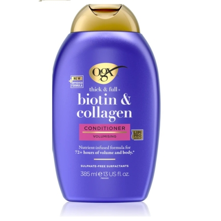 L'après-shampooing OGX Biotine et Collagène est présenté dans un flacon violet de 385 ml avec un bouchon doré. Sa formule volumisante offre plus de 72 heures de volume et de volume. Ce produit est formulé avec des tensioactifs sans sulfate. Dakar