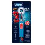 La brosse à dents Oral B Kit Brosse à Dents Électrique Vitality PRO Kids Spiderman pour les 3 ans et plus présente Spider-Man sur l'emballage bleu, présentant une conception adaptée aux enfants, deux modes de nettoyage et une protection améliorée contre les caries avec une illustration vibrante de Spider-Man ornant le devant. Dakar