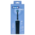 Vue de face de la brosse à dents Oral B Vitality PRO Noir Kit Brosse à Dents Électrique dans son emballage bleu, montrant les détails du produit, le nom de la marque et une photo de la brosse à dents avec sa tête de brosse ronde. Dakar