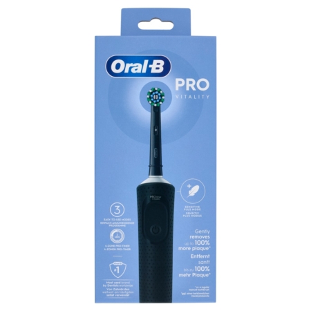 Vue de face de la brosse à dents Oral B Vitality PRO Noir Kit Brosse à Dents Électrique dans son emballage bleu, montrant les détails du produit, le nom de la marque et une photo de la brosse à dents avec sa tête de brosse ronde. Dakar