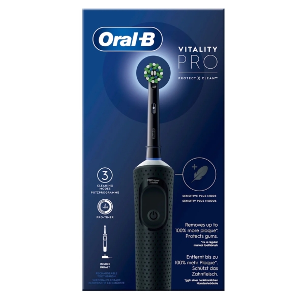 L'image montre une brosse à dents électrique Oral-B Vitality Pro dans son emballage. La boîte bleu foncé et verte reprend le design de la brosse à dents et propose des fonctionnalités telles que « 3 modes de nettoyage » et « Élimine jusqu'à 100 % de plaque dentaire en plus ». Dakar