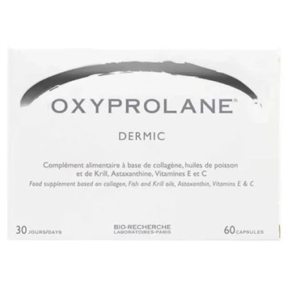 Oxyprolane Dermic - 60 gélules des Laboratoires Bio-Reserche, Paris, est un complément alimentaire à base de collagène, d'huiles de poisson et de krill, d'astaxanthine et de vitamines E et C. Optimisez votre routine beauté avec 60 gélules pendant 30 jours. À associer parfaitement avec le soin autobronzant teint sublime Good Sun de LASHILES BEAUTY. Dakar