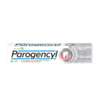 Une boîte de dentifrice Parogencyl avec un texte en français soulignant ses bienfaits, comme la protection des gencives et le blanchiment. L'emballage est blanc, orné d'un motif de dent et d'un symbole de feuille verte, symbole du respect de l'environnement. Dakar